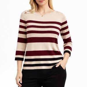 Karen Scott Cotton Striped Petite 3/4 Sleeve Sweater with Shoulder  Zippers Cozy